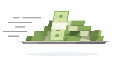 Fast flying money pile on tray vector illustration, flat cartoon cash stack moving or transferring fast, idea of quick payment of send, loan or credit receiving image