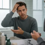 Hårvård är en viktig del av manlig stil En man använder hårvårdsprodukter framför en badrumsspegel för att fixa frisyren.